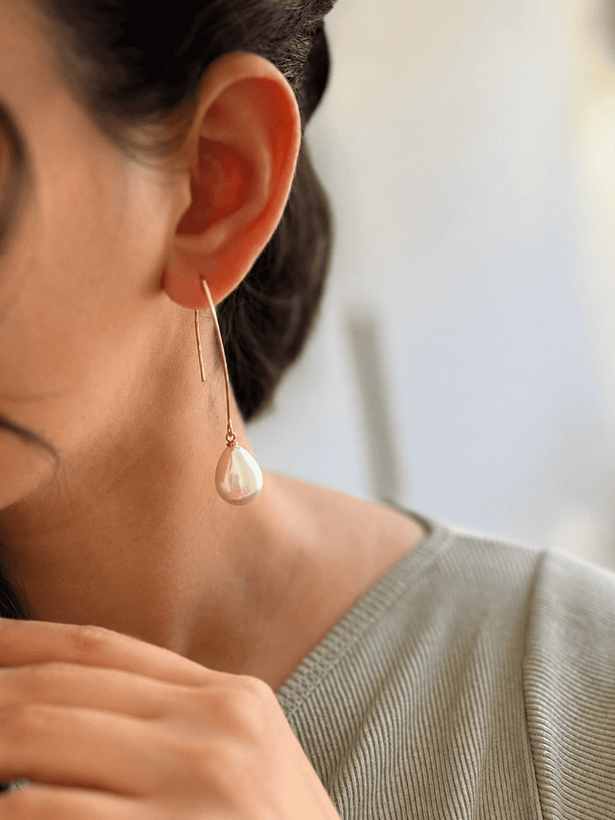 گوشواره آویز مروارید استیل رنگ ثابت